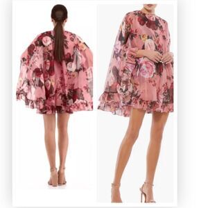 NWT Mac Duggal 55404 FLORAL PRINT HIGH NECK RUFFLE HEM CAPE MINI DRESS